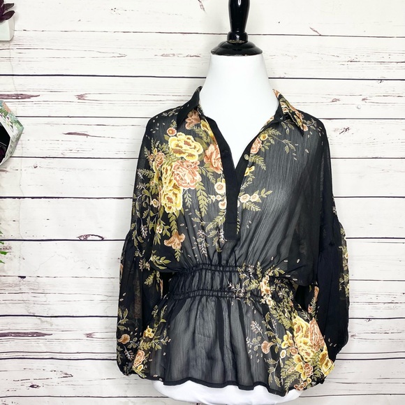 Sheer Black Floral Peplum Blouse Top Size XS Forever 21 - Picture 1 of 8